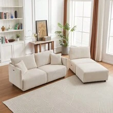 106" Multi-Module Combination Style Sofa For Living Room, Bedroom And Other Lounge Spaces, Modern Minimalist Corduroy Combination Sofa With 2 Comfort Cushions With USB And C Charging Ports, Beige
