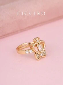 Bộ nhẫn điều chỉnh FICCINO hình trái tim hoạt hình dễ thương và nơ mạ vàng đính đá Cubic Zirconia, quà tặng trang sức ngọt ngào cho bạn bè và bạn gái, kèm hộp - 254r - Xem 4