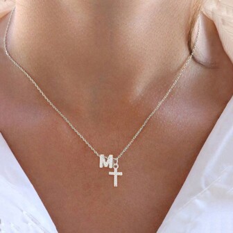 1 件简约时尚密镶锆石字母吊坠银色不锈钢链条项链女式