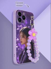 1pc Purple TPU Customizable Pattern Shockproof Phone Case & 1pc Matching Bracelet With Purple Flowers & Beads Compatible With Iphone/Android/Samsung//OPPO Phones - Black - View 3