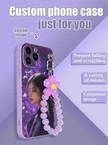 1pc Purple TPU Customizable Pattern Shockproof Phone Case & 1pc Matching Bracelet With Purple Flowers & Beads Compatible With Iphone/Android/Samsung//OPPO Phones - Black - View 1