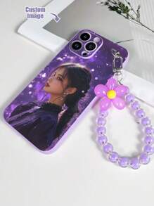 1pc Purple TPU Customizable Pattern Shockproof Phone Case & 1pc Matching Bracelet With Purple Flowers & Beads Compatible With Iphone/Android/Samsung//OPPO Phones - Black - View 4