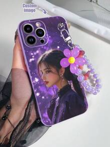 1pc Purple TPU Customizable Pattern Shockproof Phone Case & 1pc Matching Bracelet With Purple Flowers & Beads Compatible With Iphone/Android/Samsung//OPPO Phones - Black - View 5