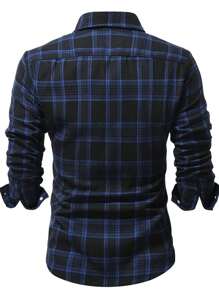 Men's Front Button Closure Long Sleeve Plaid Casual Shirt, Fall - Blue - View 2