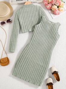 2pcs Girls Spring/Autumn Solid Color Ribbed Knit Short Pullover Sweater & Sleeveless Jumper Dress Set, Casual Comfortable Versatile Elegant Outfit For Outdoor, Party, Street, Children Autumn Clothing - Green - View 2