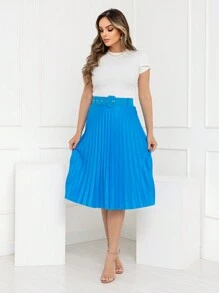 Evangelical Fashion Midi Pleated Skirt With Lined Buckle Belt Code:124 - 天藍色 - 查看 1