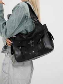 Xiuya Y2K 大容量单肩包，黑色 PU 皮革斜挎包，美式朋克哥特风，时尚简约设计师手提包，日系街头风女包，万圣节主题钱包，完美契合万圣节派对和哥特风格，最佳万圣节礼物之选 - 黑色 - 查看 5