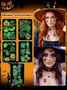 5pcs Halloween Glow-In-The-Dark Stickers, Cartoon Pumpkin, Ghost, Bat Patterns, Waterproof And Sweat-Proof, Temporary Tattoo Stickers, Unisex, Suitable For Face, Neck, Arms And Other Body Parts, Create Personalized Tattoos - Multicolor - View 1