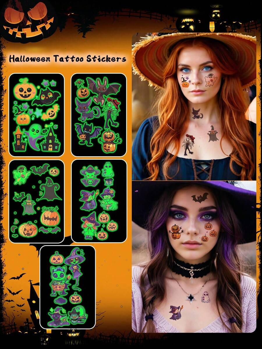 5pcs Halloween Glow-In-The-Dark Stickers, Cartoon Pumpkin, Ghost, Bat Patterns, Waterproof And Sweat-Proof, Temporary Tattoo Stickers, Unisex, Suitable For Face, Neck, Arms And Other Body Parts, Create Personalized Tattoos - Multicolor - View 1