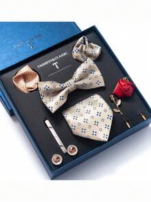 AlanKing 1set Orange Necktie, Pocket Square, Cufflinks, Boutonniere Suit For Men, Wedding Party Formal Gift Box Christmas