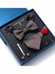 AlanKing 1set Orange Necktie, Pocket Square, Cufflinks, Boutonniere Suit For Men, Wedding Party Formal Gift Box Christmas