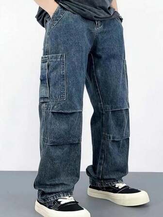 Pantalones vaqueros azules de mezclilla casual americanos para niños adolescentes, pantalones rectos de pierna suelta con múltiples bolsillos, nuevos para primavera-otoño 2024