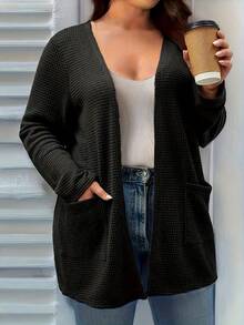 Plus Size Fashion Long Sleeve Solid Color Pocket Knit Cardigan - Black - View 1