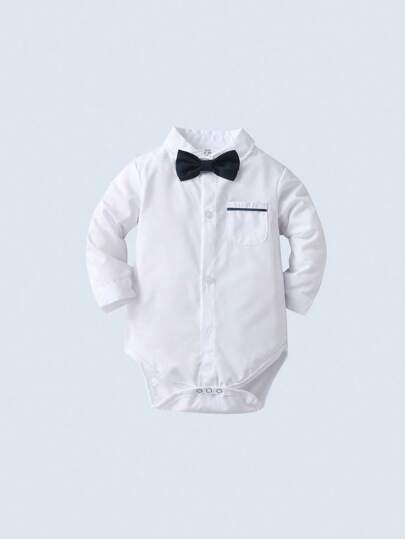 BOARNSEORL Baby Boys Long Sleeve Lapel Shirt With Bowknot , Cute Gentleman Outfit For Daily & Holiday Wear