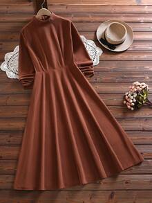 Women Plus Size Solid Color Round Neck Long Sleeve Waisted Simple Long Dress - Coffee Brown - View 5