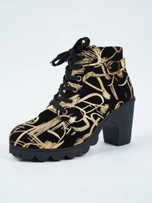 Women's New Fashion Metallic Print Suede Round Toe Block Heel Zipper Lace-Up Comfortable Vintage Street Style  Boots