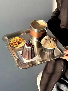 1 pieza de bandeja cuadrada de acero inoxidable 304, bandeja rectangular poco profunda de estilo industrial, apta para café, té, postre, pastel, apropiada para cafetería, reuniones en el patio