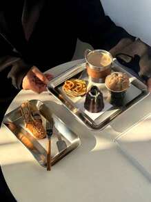 1 pieza de bandeja cuadrada de acero inoxidable 304, bandeja rectangular poco profunda de estilo industrial, apta para café, té, postre, pastel, apropiada para cafetería, reuniones en el patio