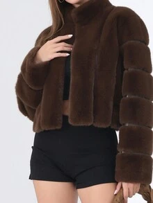 Long Sleeve Open Front Brown Furry Faux Fur Coats For Women,Stand Collar Solid Color Short Fluffy Jacket,Loose Cropped Casual Fluffy Jacket,Elegant Chic Fur Top,Fall Winter Clothes For Women,Suitable For Various Occasions Out Commuting Or Partying - Coffee Brown - View 6