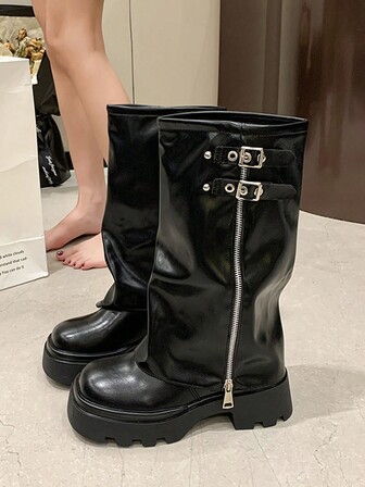 Botas de vaquera occidental retro para mujer, botas de montar con plataforma y suela gruesa hasta el tobillo con cremallera, puntera redonda, tacón ancho y hebilla