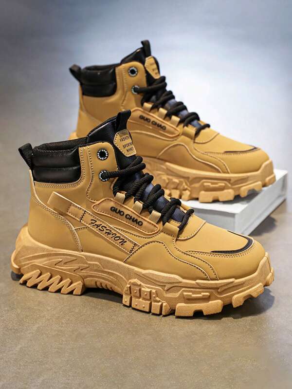 Men's Black High-Top Outdoor Boots, Thick Sole Non-Slip Hiking Boots