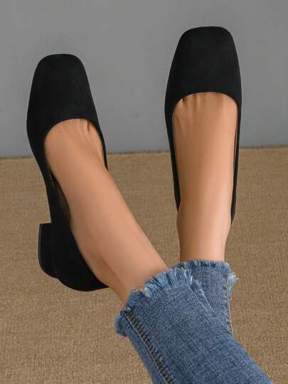 Plus Size Women Square Toe Black Chunky Heel Pumps, Comfortable Low Heel Slip-On Flats, Casual Work Shoes, French Style