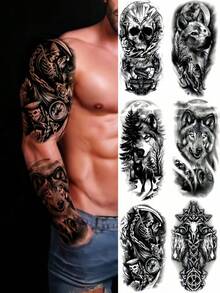 6 张半臂骷髅狼月亮人体艺术假纹身贴防水持久临时纹身成人适合开学季装饰 - 黑色 - 查看 2