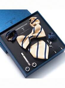 AlanKing 1set Orange Necktie, Pocket Square, Cufflinks, Boutonniere Suit For Men, Wedding Party Formal Gift Box Christmas