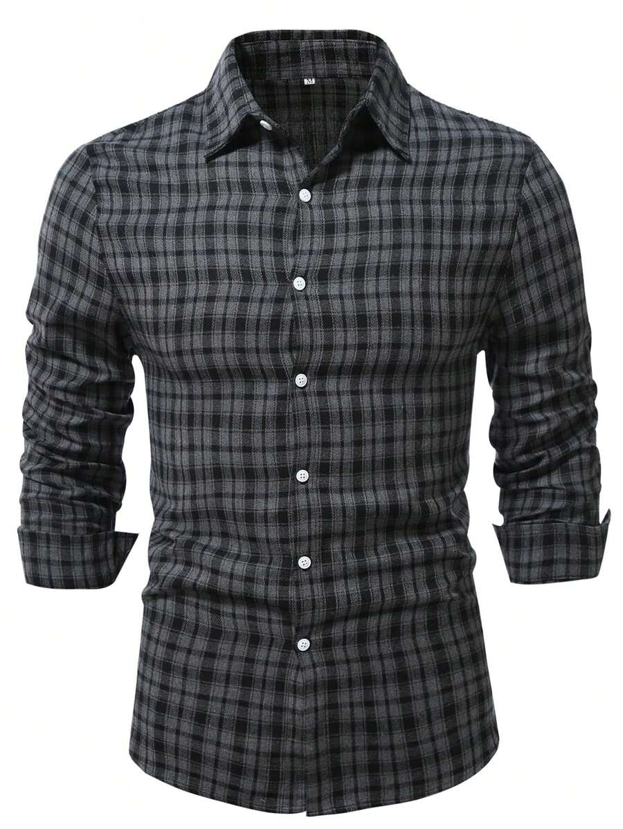 Men's Button-Front Long Sleeve Plaid Casual Shirt, Fall - Grey - View 1