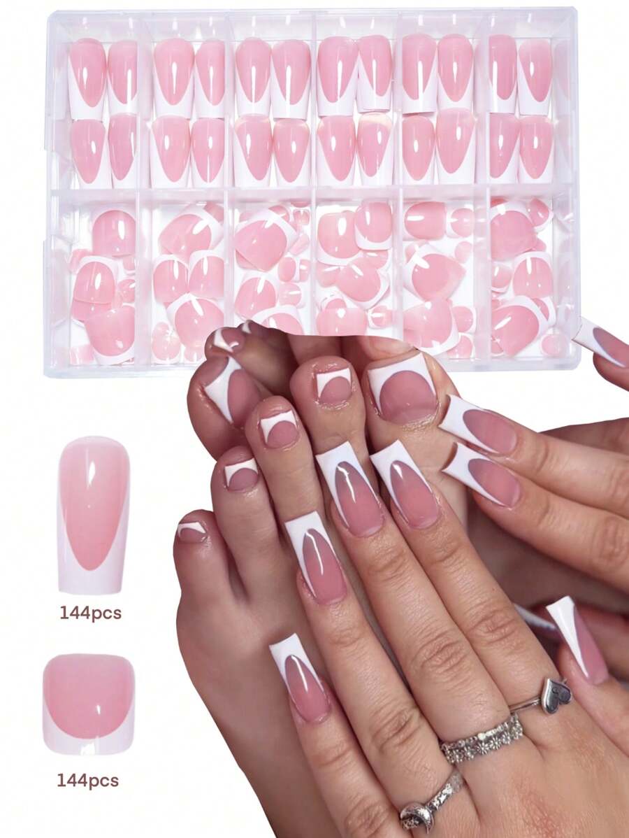 288 片法式芭蕾系列指甲贴，适合所有女性和女孩，采用纯闪光和法式设计，适合日常佩戴，按压指甲，美甲用品，美甲 - 粉色 - 查看 1