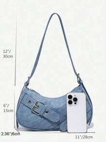 1 件复古蓝色牛仔效果 PU 印花 Y2K 哥特式时尚铆钉装饰复古方块装饰女士单肩包可调节肩带适合日常使用 - 藍色 - 查看 8