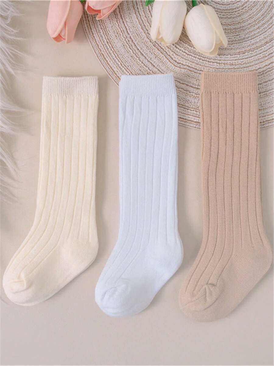3 đôi/lô tất dài đến đầu gối cho bé gái bé trai tất dài mềm mại họa tiết sọc Tây Ban Nha dễ thương cho trẻ em từ 0-3 tuổi - Nhiều màu - Xem 1