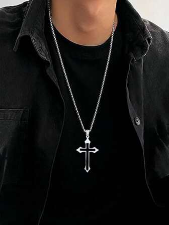 1st Punk Style Long Cross Pendant Halsband, Rostfritt stål, Lämplig för dagligen, fest, resor, Bra present till par och vänner