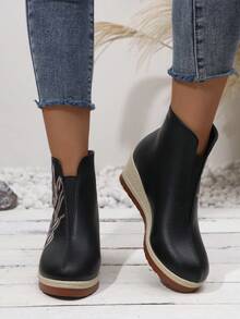 Giày bốt cổ ngắn mới, thêu, gót nêm, mũi tròn, đế polyurethane, trang trí đàn hồi, thời trang, đa năng, giày bốt cổ ngắn cỡ lớn cho nữ - màu đen - Xem 5