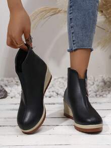 Giày bốt cổ ngắn mới, thêu, gót nêm, mũi tròn, đế polyurethane, trang trí đàn hồi, thời trang, đa năng, giày bốt cổ ngắn cỡ lớn cho nữ - màu đen - Xem 6