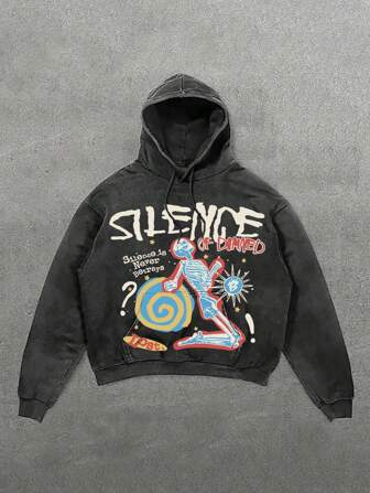 Men's Distressed Graffiti Printed Casual Hoodie