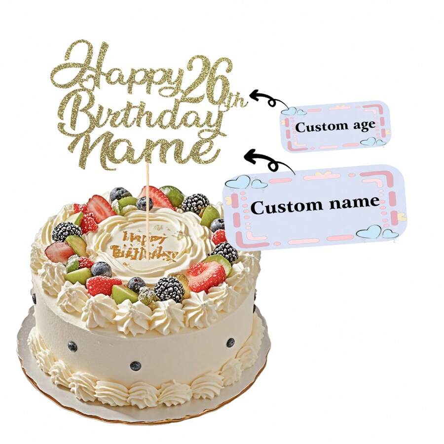 1pc Customizable Happy Birthday Cake Topper With Name & Age, Double-Sided Glitter Paper Card In Multiple Colors - Multicolor - View 1