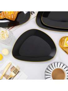 60 chiếc đĩa nhựa đen và vàng, đĩa nhựa đen, đĩa vàng tam giác, đĩa đen dùng một lần cho tiệc, bao gồm 30 đĩa ăn tối và 30 đĩa tráng miệng cho tiệc và cưới hỏi, lễ hội, tiệc tùng - màu đen - Xem 5