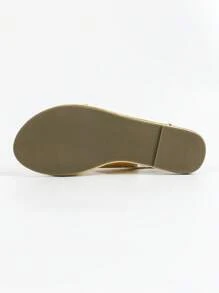 French Style Flat Sandals, Round Toe, Vintage Metallic Gold Color, Comfortable Open Toe Buckle Design Casual Sandals