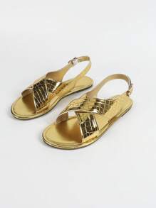 French Style Flat Sandals, Round Toe, Vintage Metallic Gold Color, Comfortable Open Toe Buckle Design Casual Sandals
