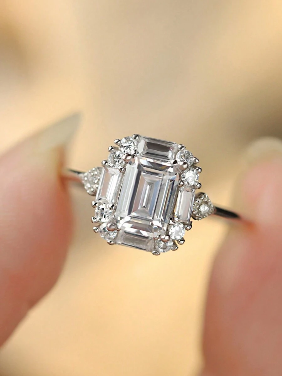 Nhẫn nữ thời trang cao cấp hình chữ nhật 4 chấu bằng bạc Sterling 925 Zirconia, Nhẫn đính hôn/cô dâu cho bạn gái - trắng - Xem 1