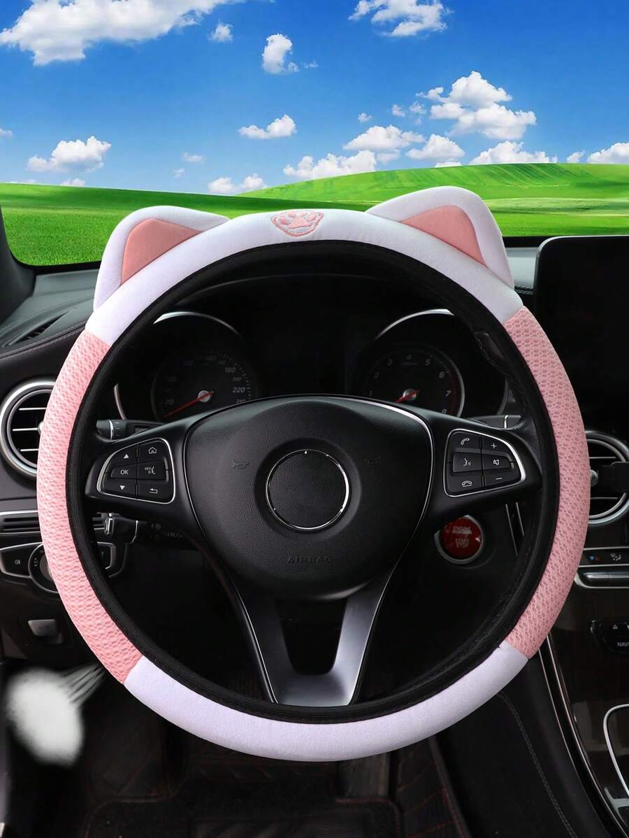 MEIKAXIU 1pc Breathable Mesh Pink, Blue, Green, Gray Cute Kitty Pattern Car Steering Wheel Cover For 14.5-15 Inch Vehicles, Women Interior Accessories