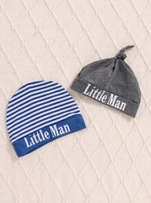 2pcs Baby Boy Letter Print Outfit Set With White Shirt & Blue Striped Pants, With Hat, Autumn/Winter