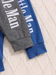 2pcs Baby Boy Letter Print Outfit Set With White Shirt & Blue Striped Pants, With Hat, Autumn/Winter