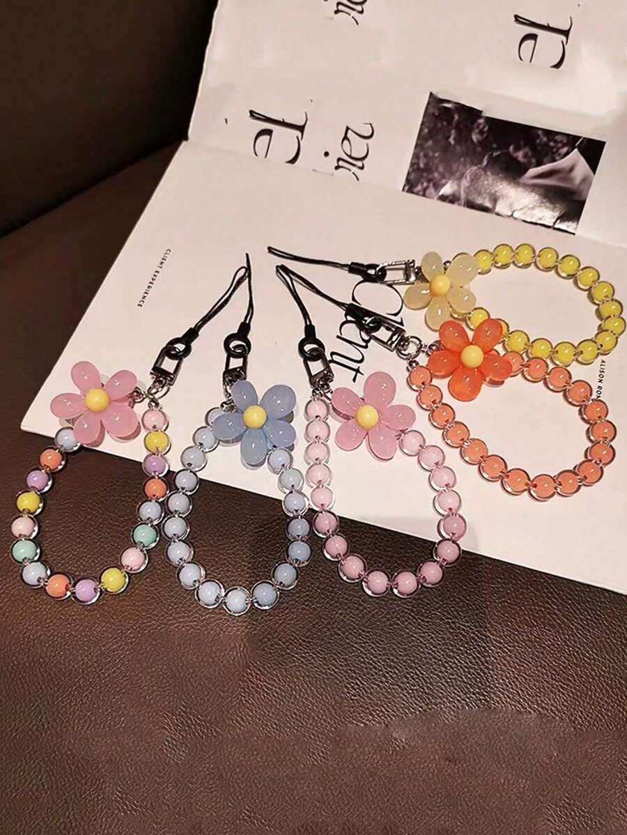 1pc Acrylic Flower Beaded Short Bracelet Charms For Phone Holder