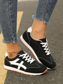 Fall/Winter Women's Modern Fashion Casual Patchwork Color Block Sports Shoes, College Style Vacation Girly Versatile Chunky Sneakers, Athleisure Trainers Black