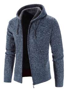 Felpa con cappuccio e chiusura lampo da uomo, maglione lavorato a maglia a righe con maniche lunghe, felpa con cappuccio aderente con tasche, invernale