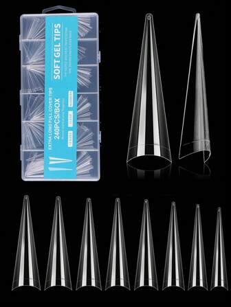 240 件尖头指甲片适用于丙烯酸指甲 XXL 长透明假指甲片半盖适用于指甲延长美甲美甲沙龙