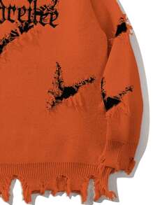 男士街头时尚字母刺绣做旧破洞百搭毛衣，适合秋冬季穿着