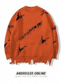 男士街头时尚字母刺绣做旧破洞百搭毛衣，适合秋冬季穿着